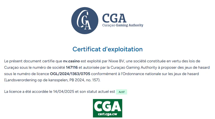NV Casino certificat d’exploitation délivré par la Curaçao Gaming Authority avec licence active OGL/2024/1363/0705